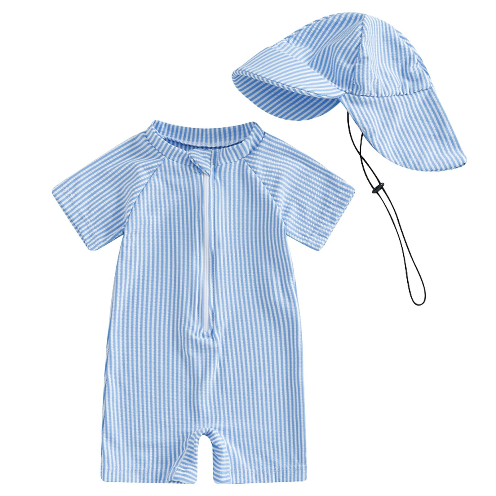 Xudanell Swim Trunks Boys Kid Boys' UV Protection Swimsuit Short Sleeve Zipper Front Baby Swimwear with Bucket Hat Cartoon Striped Print Sizes 0 Month to 24 Month
